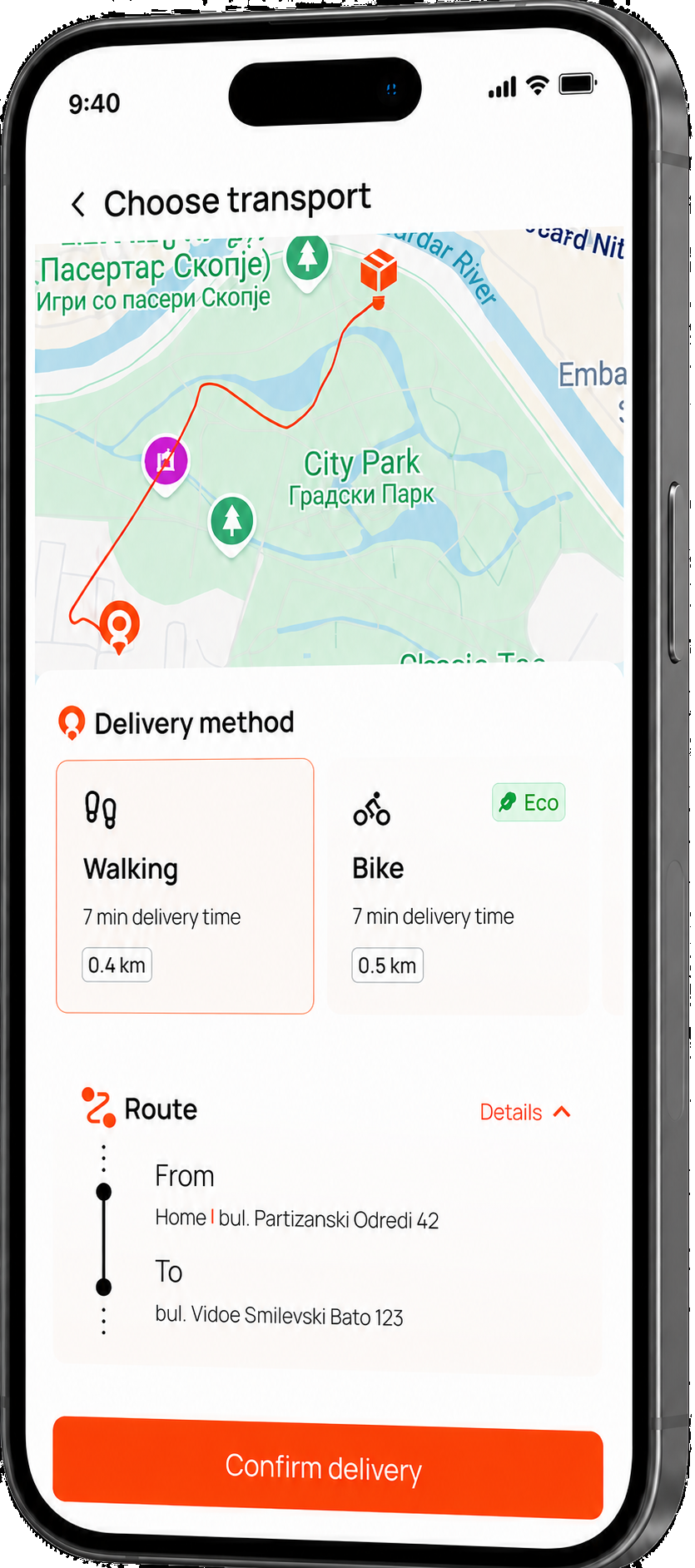 KIIMO sender interface showing a tracked city delivery route without payment amounts